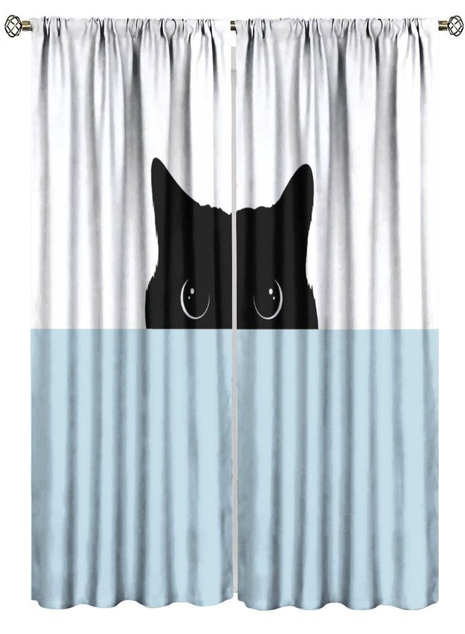 JADERYS Funny Cat Curtains Cartoon Cute Pet Animal Black Cat White Blue Bedroom Living Room Bathroom Blackout Rod Pocket Decoration Window Drapes 2 Panels W21xL45in - Image 1